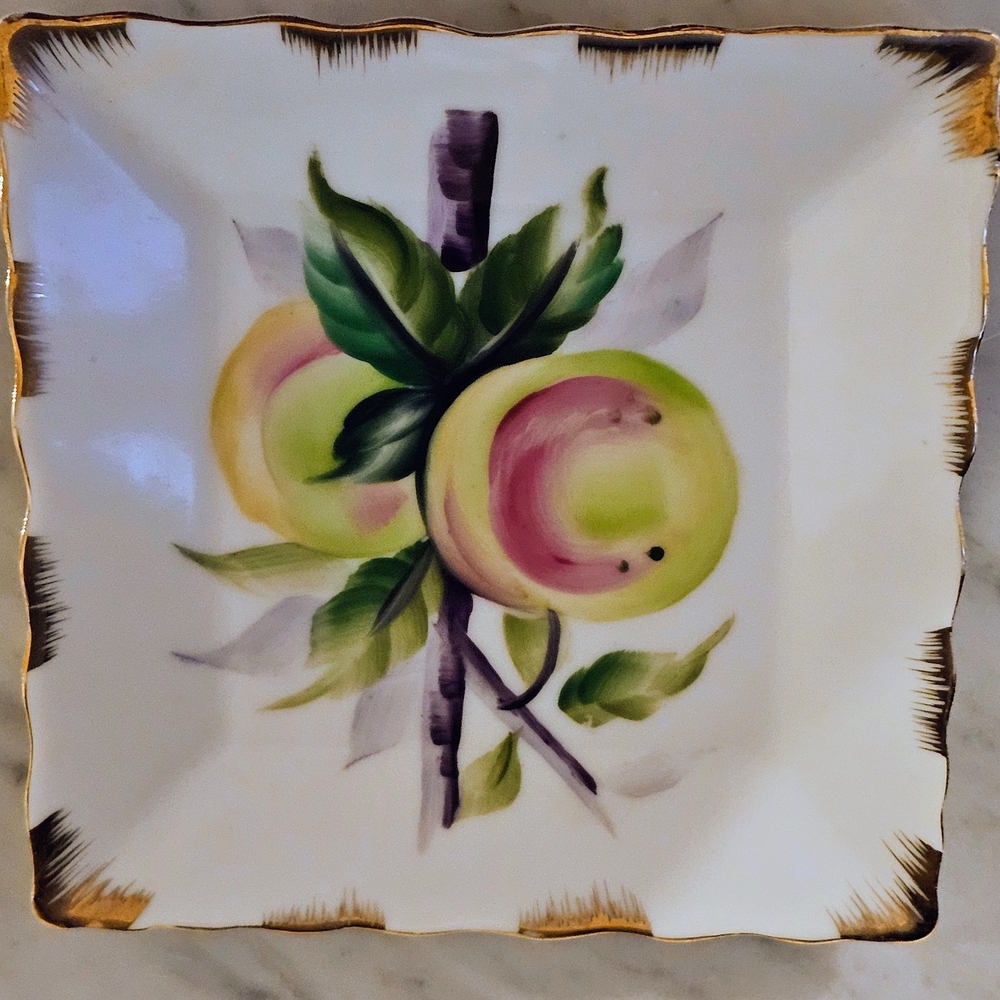 Lefton China Vintage Hand Painted Apple Plate Gold Trim Square